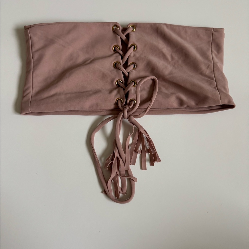 Montce Swim Lace-Up Strapless Bikini Top in Pink